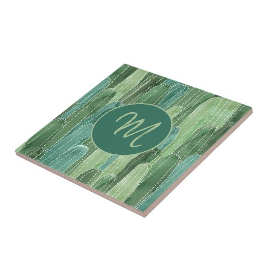 Aquamarines Grünes Wasserfarbkakti-Monogramm Fliese (Seite)