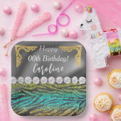 Aquamarines grünes Zebra Print & Gold Silber Gebur Pappteller (Party)