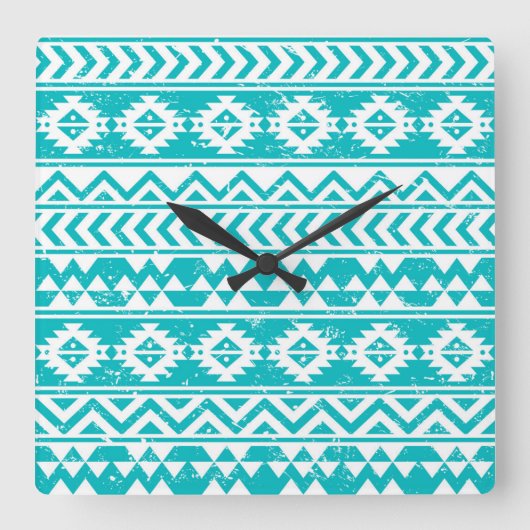 Aquamarines Grunge Aztec Tribal Muster Quadratische Wanduhr (Vorderseite)
