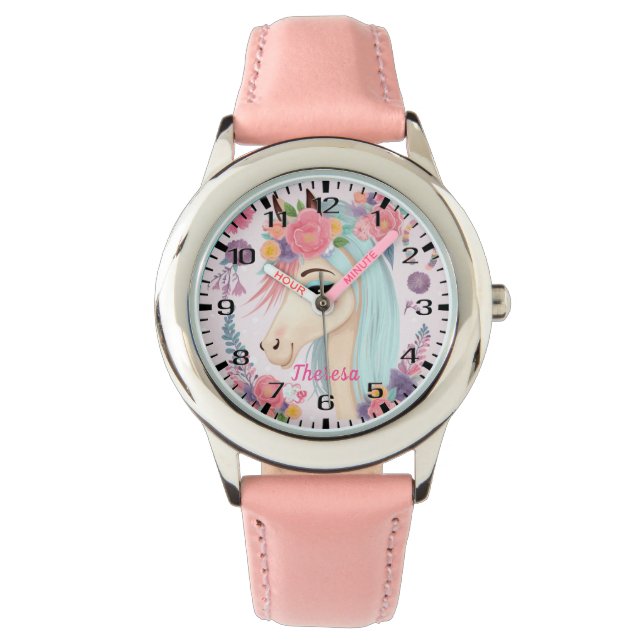 Aquamarines, hellfarbenes Haar Einhorn mit Blume Armbanduhr (Vorderseite)