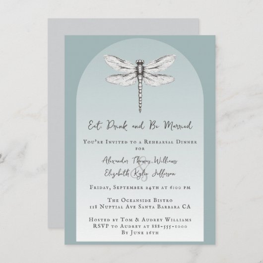 Aquamarines Hochzeitsessen der Drachenfliege Einladung (Vorne/Hinten)