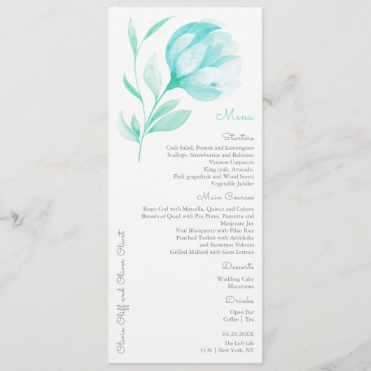 Aquamarines Hochzeitsmenü für Peonies Menükarte (Vorderseite)