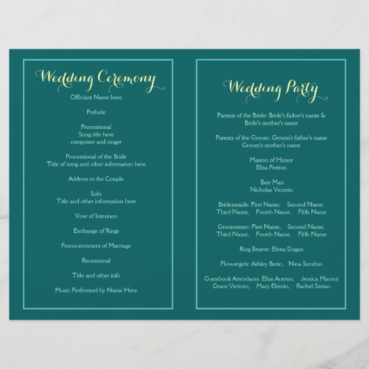 Aquamarines Hochzeitsprogramm (Rückseite)