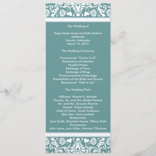 Aquamarines Hochzeitsprogramm für Aqua Blue Damask Programm (Vorderseite)