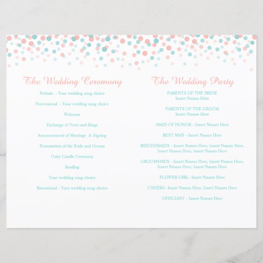 Aquamarines Hochzeitsprogramm für gescannte Konfet (Rückseite)