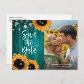 Aquamarines Holz Sonnenblumen Save the Date Foto P Ankündigungspostkarte (Vorne/Hinten)