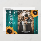 Aquamarines Holz Sonnenblumen Save the Date Foto P Ankündigungspostkarte (Vorne/Hinten)
