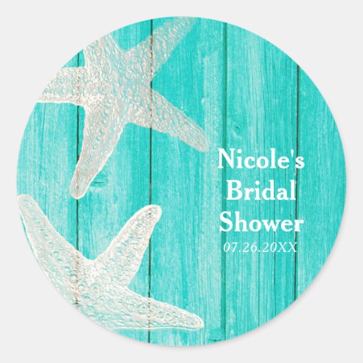 Aquamarines Holz & Starfish Beach Elegantes Tropis Runder Aufkleber (Vorderseite)