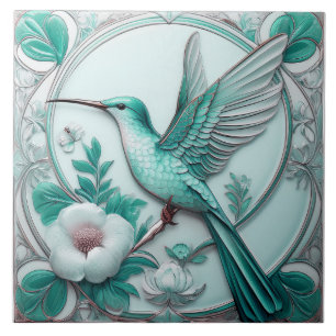 Aquamarines Jugendstil-Imitat mit floralen Kolibri Fliese