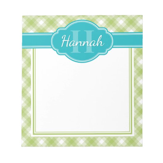 Aquamarines Kariertes Muster Monogramm Notizblock (Vorderseite)
