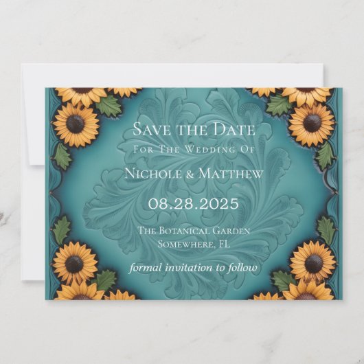 Aquamarines Leder, geschmückt und Sonnenblumen Sav Einladung (Vorderseite)