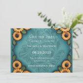 Aquamarines Leder, geschmückt und Sonnenblumen Sav Einladung (Stehend Vorderseite)