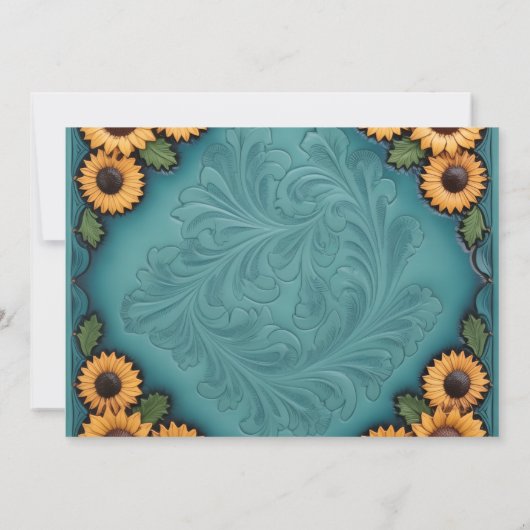 Aquamarines Leder, geschmückt und Sonnenblumen Sav Einladung (Rückseite)