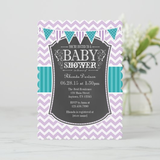 Aquamarines Lila Chalkboard Zickzack Babydusche la Einladung (Stehend Vorderseite)