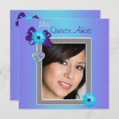 Aquamarines Lila Daisy Foto Quinceanera Einladung (Vorne/Hinten)