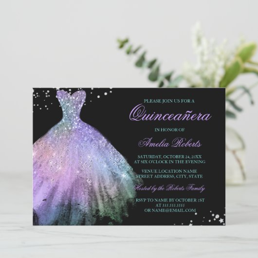 Aquamarines Lila Sparkle Dress Quinceanera Einladu Einladung (Stehend Vorderseite)
