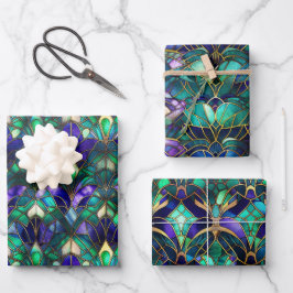 Aquamarines, Lila und goldgefestigtes Pfauenglas Geschenkpapier Set