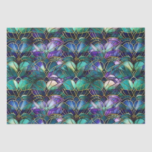 Aquamarines, Lila und goldgefestigtes Pfauenglas Seidenpapier (Vorderseite)