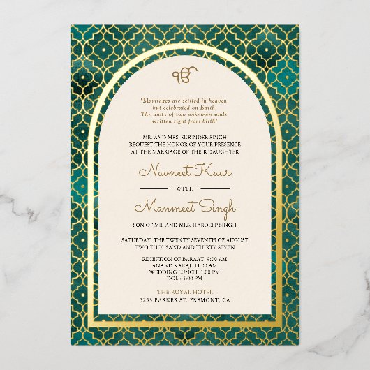 Aquamarines marokkanisches Muster Sikh Arch Weddin Folieneinladung (Vorderseite)