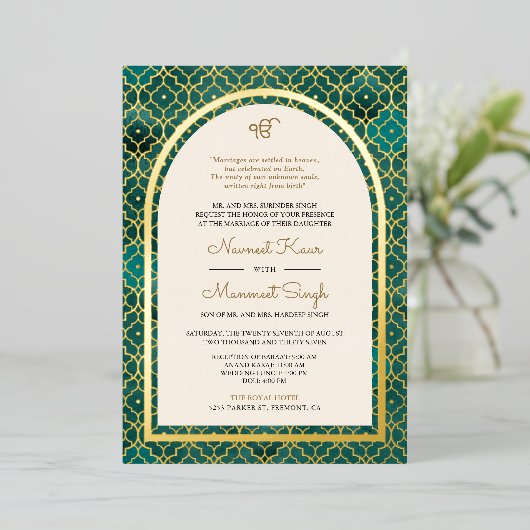 Aquamarines marokkanisches Muster Sikh Arch Weddin Folieneinladung (Stehend vorne)