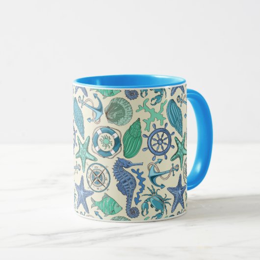 Aquamarines Meerestier-Muster Tasse (VorderseiteRechts)