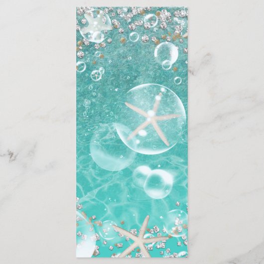 Aquamarines Menü mit Meeresfrüchten und Blasen am Menükarte (Rückseite)