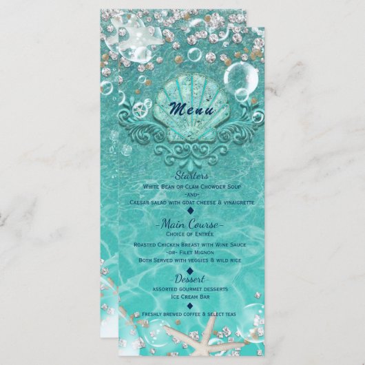 Aquamarines Menü mit Meeresfrüchten und Blasen am Menükarte (Vorne/Hinten)
