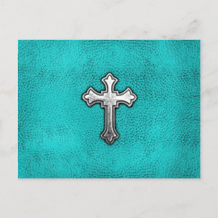 Aquamarines Metallkreuz Postkarte
