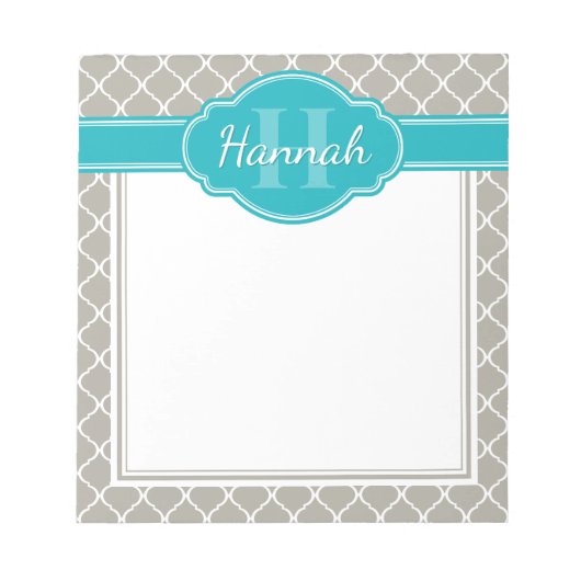 Aquamarines Monogramm aus grauweißem Gittermuster Notizblock (Vorderseite)