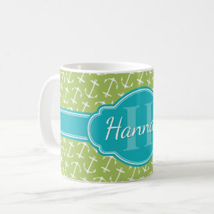Aquamarines Monogramm für die grüne Ankerform Kaffeetasse