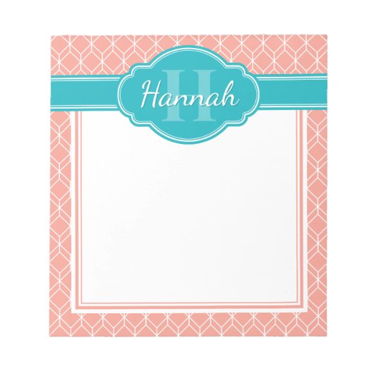 Aquamarines Monogramm mit rosa weißem geometrische Notizblock (Vorderseite)