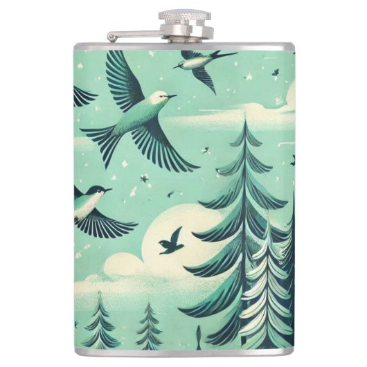 Aquamarines Muster für Grünwälder und Vögel Flachmann (Vorderseite)