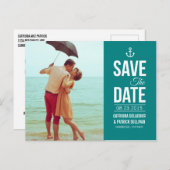 AQUAMARINES NAUTISCHES SCRIPT-FOTO SAVE THE DATE P ANKÜNDIGUNGSPOSTKARTE (Vorne/Hinten)