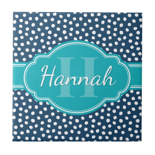 Aquamarines Navy White Dottern Muster Fliese (Vorderseite)