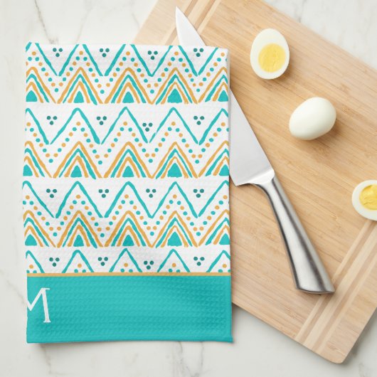 Aquamarines Orange Boho Tribal Pattern Monogramm Geschirrtuch (Viertel Falte)