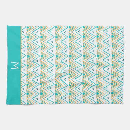 Aquamarines Orange Boho Tribal Pattern Monogramm Geschirrtuch (Horizontal)