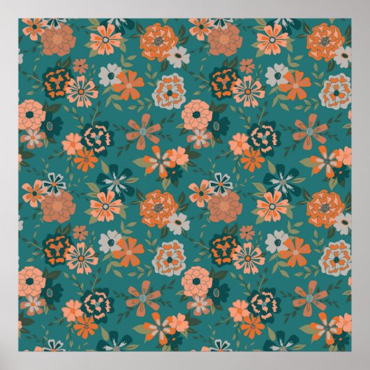 Aquamarines Orange Trendy Vine Blume Muster Poster (Vorne)