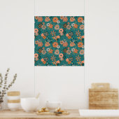 Aquamarines Orange Trendy Vine Blume Muster Poster (Küche)