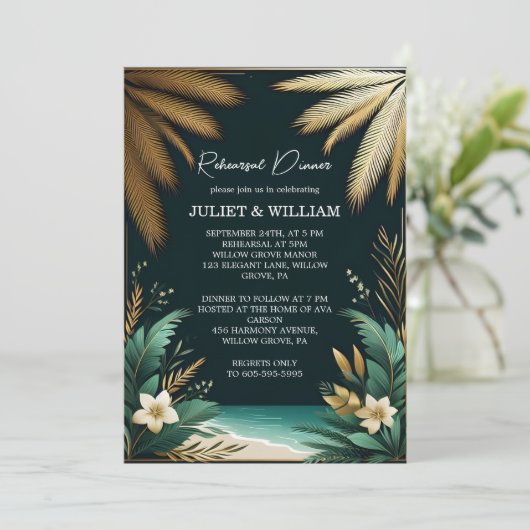 Aquamarines Palm Beach Green und Gold Probe Dinner Einladung (Stehend Vorderseite)