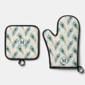 Aquamarines Pfauenfedermuster Monogramm Ofenhandschuh & Topflappen-Set (Vorderseite)