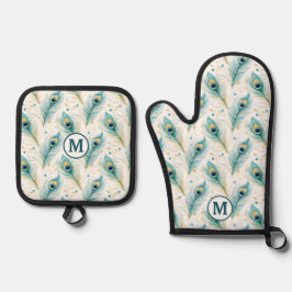 Aquamarines Pfauenfedermuster Monogramm Ofenhandschuh & Topflappen-Set
