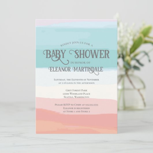 Aquamarines Pfirsichfarben Geschlecht Neutrale Bab Einladung (Stehend Vorderseite)