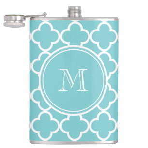 Aquamarines Quatrefoil Muster, Ihr Monogramm Flachmann