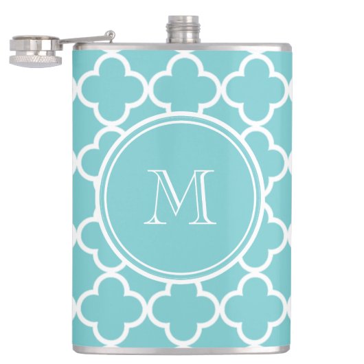 Aquamarines Quatrefoil Muster, Ihr Monogramm Flachmann (Geöffnet)