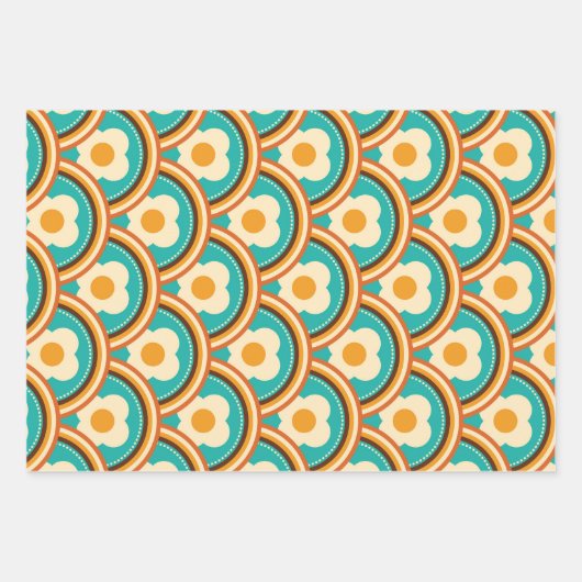 Aquamarines Retro-Blumenmuster, Creme, Orange Geschenkpapier Set (Vorderseite 3)
