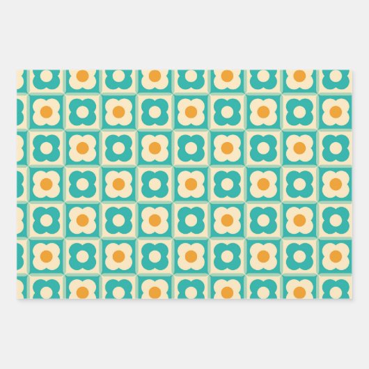 Aquamarines Retro-Blumenmuster, Creme, Orange Geschenkpapier Set (Vorderseite)
