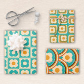 Aquamarines Retro-Blumenmuster, Creme, Orange Geschenkpapier Set