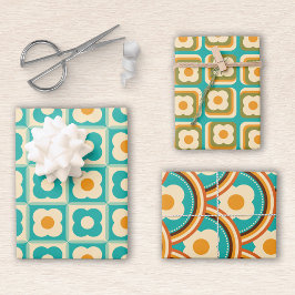 Aquamarines Retro-Blumenmuster, Creme, Orange Geschenkpapier Set