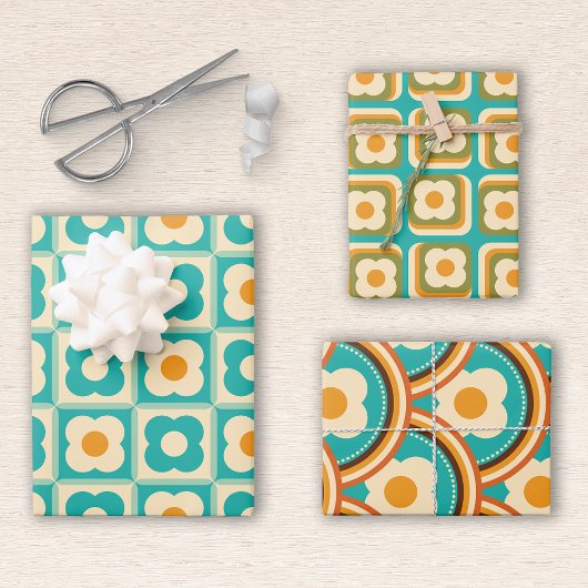 Aquamarines Retro-Blumenmuster, Creme, Orange Geschenkpapier Set