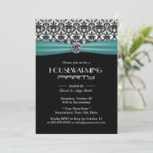 Aquamarines Ribbon Elegantes Damask Housewarming P Einladung (Stehend Vorderseite)